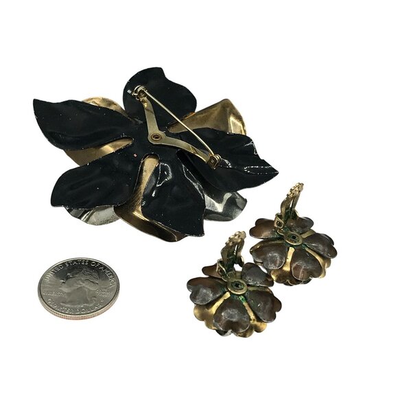 Autumn Mixed Metals Flower Brooch Pin and Clip On Earrings, Gift Jewelry Set - Picture 5 of 5